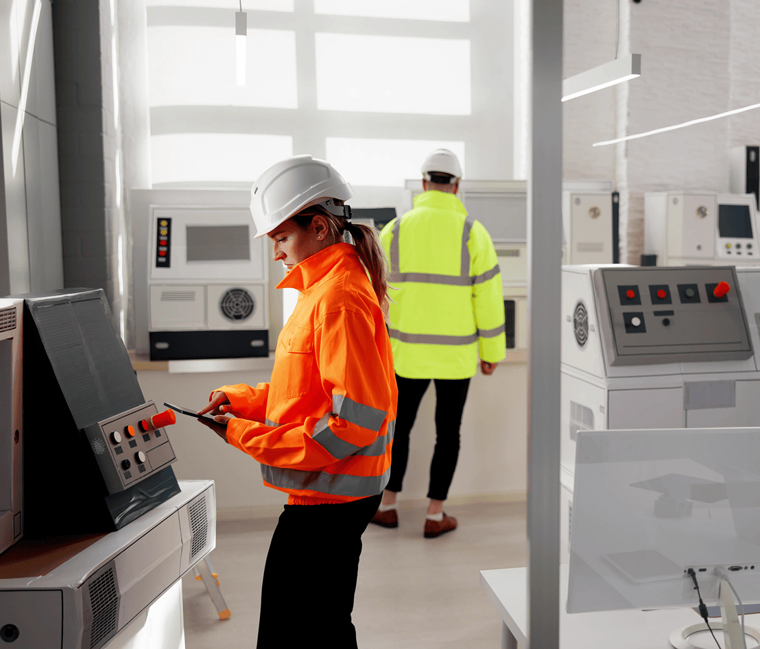 Industrial workspace with engineers and equipment